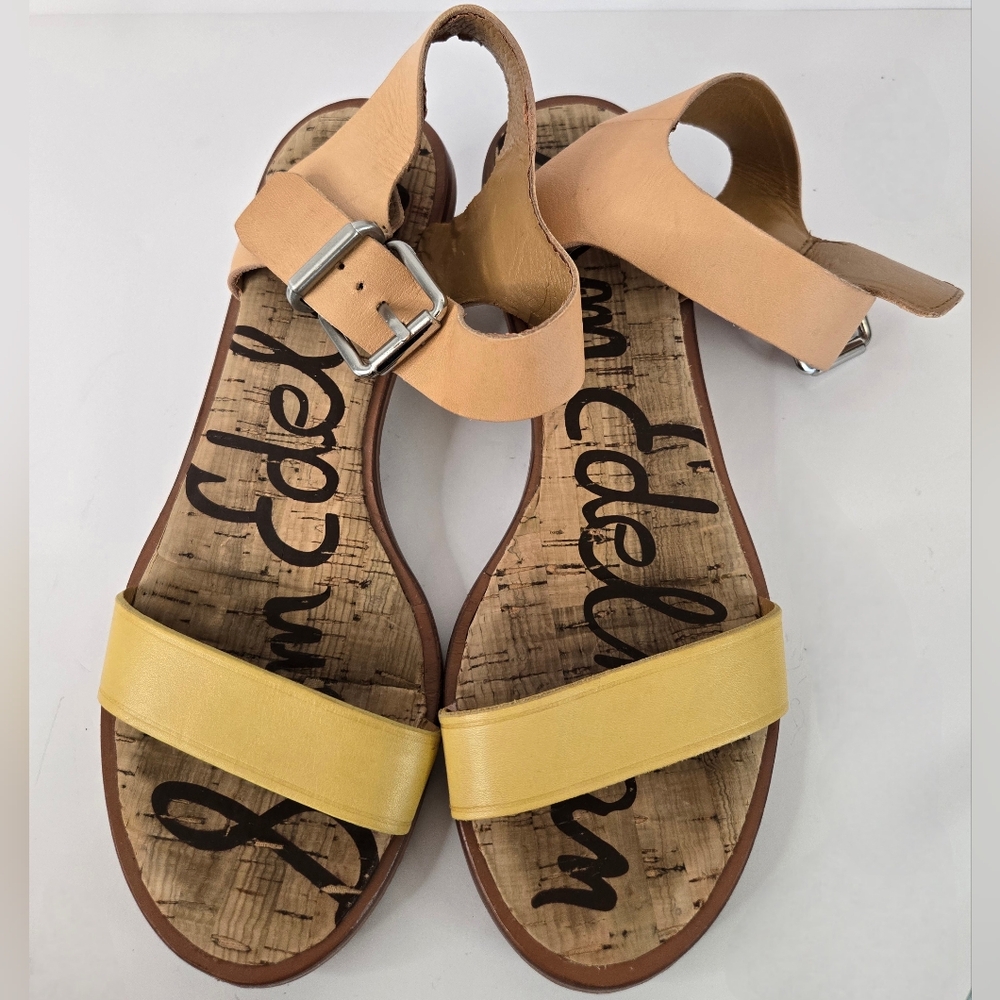Sam Edelman Trixie Sandals Size 7.5 Tan & Gold, Heel Buckle Ankles Toe Strap - Picture 2 of 10